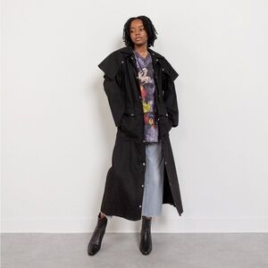 Vintage 90s Goth Cowgirl Black Denim Maxi Trench Coat w/ Cape Shoulders ~ XS